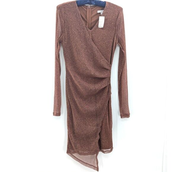 Favlux Mauve Brown Sparkly V-Neck Long Sleeve Bodycon Midi Dress Size Medium - Picture 1 of 8